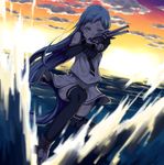 aiming_at_viewer backlighting blue_eyes blue_hair cannon cloud commentary_request dutch_angle highres holding holding_weapon horizon kantai_collection long_hair looking_at_viewer machinery ocean outdoors outstretched_arm samidare_(kantai_collection) serious solo straight_hair suusuke turret twilight very_long_hair water water_drop weapon 
