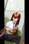  absurdres blue_eyes brown_hair fork_(357022) hair_between_eyes highres long_hair makise_kurisu necktie pantyhose red_neckwear shorts solo steins;gate 