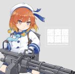  aka_ringo blue_neckwear blue_skirt bob_cut braid etorofu_(kantai_collection) gatling_gun gloves gradient_hair hat kantai_collection minigun multicolored_hair neckerchief red_hair sailor_collar sailor_hat skirt thick_eyebrows 