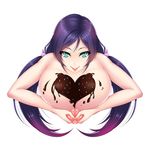  1girl absurdres areolae breasts chocolate chocolate_on_breasts green_eyes highres huge_breasts long_hair looking_at_viewer love_live!_school_idol_project mizutsuki_rei nipples purple_hair smile solo tongue tongue_out toujou_nozomi twintails white_background 