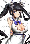  black_hair blue_eyes blue_ribbon breasts cleavage cleavage_cutout dungeon_ni_deai_wo_motomeru_no_wa_machigatteiru_darou_ka hestia_(danmachi) highres large_breasts long_hair norman_maggot rei_no_himo ribbon smile solo twintails upper_body 