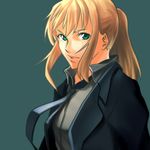  ahoge artoria_pendragon_(all) blonde_hair fate/stay_night fate/zero fate_(series) fork_(357022) formal green_eyes necktie ponytail saber solo suit 