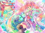  :d aqua_eyes bridge cherry_blossoms detached_sleeves flower gradient_hair hair_flower hair_ornament hatsune_miku holding in_tree japanese_clothes lily_pad long_hair looking_at_viewer multicolored_hair open_mouth outstretched_arm petals pink_hair sakakidani sakura_miku shide sitting sitting_in_tree smile solo spring_(season) thighhighs torii tree twintails very_long_hair vocaloid water 