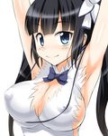  armpits arms_up black_hair blue_eyes blue_ribbon bow breasts cleavage cleavage_cutout covered_nipples dress dungeon_ni_deai_wo_motomeru_no_wa_machigatteiru_darou_ka flo gloves hair_ornament hair_ribbon hestia_(danmachi) large_breasts long_hair looking_at_viewer rei_no_himo ribbon short_dress sideboob simple_background sleeveless sleeveless_dress smile solo string twintails white_background white_dress white_gloves 