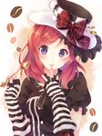  black_shirt blush bow buttons coffee_beans elbow_gloves fingernails fork frilled_sleeves frills gloves hand_to_own_mouth hat hat_bow hat_ornament highres holding love_live! love_live!_school_idol_festival love_live!_school_idol_project nail_polish nishikino_maki nonono pink_nails plaid plaid_bow puffy_short_sleeves puffy_sleeves purple_eyes red_hair shirt short_hair short_sleeves simple_background solo spoon striped striped_bow striped_gloves tongue tongue_out top_hat upper_body 