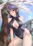  black_hair breasts brown_eyes front_zipper_swimsuit haneori highres katori_(pso2) large_breasts meme_attire one-piece_swimsuit phantasy_star phantasy_star_online_2 pointy_ears swimsuit 