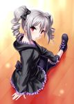  drill_hair frilled_skirt frills hood hoodie idolmaster idolmaster_cinderella_girls jpeg_artifacts kanzaki_ranko leggings long_hair looking_at_viewer looking_back looking_up outstretched_leg red_eyes shoes silver_hair skirt solo twin_drills twintails zen 