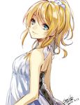  2015 artist_name ayase_eli bad_id bad_pixiv_id blonde_hair blue_eyes dated halterneck looking_at_viewer love_live! love_live!_school_idol_project minatsuki_(lapislazzuli169) ponytail scrunchie signature simple_background sketch sleeveless smile solo white_background white_scrunchie 