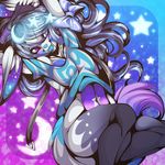  2015 anthro arms_behind_head blue_eyes blue_hair blue_nose blue_skin blush bottomless bow breasts cleavage clothed clothing crystal-for-ever female grey_skin hair half-dressed heterochromia long_hair looking_at_viewer nails navel pink_eyes purple_skin smile solo unknown_species white_skin 