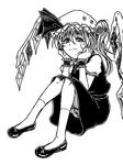  asymmetrical_hair asymmetrical_wings bloomers dress elbow_rest flandre_scarlet greyscale hair_between_eyes hat koyubi_(littlefinger1988) light_smile looking_at_viewer mob_cap monochrome puffy_short_sleeves puffy_sleeves short_sleeves side_ponytail sitting sketch solo touhou underwear wings 