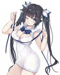  black_hair blue_eyes blue_ribbon breasts cleavage_cutout dress dungeon_ni_deai_wo_motomeru_no_wa_machigatteiru_darou_ka gloves hestia_(danmachi) highres large_breasts long_hair looking_at_viewer rei_no_himo renka_(renkas) ribbon solo twintails white_dress 