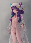  blush breasts crescent hat highres long_hair musen-shiki_sanhankikan nipples no_bra no_panties patchouli_knowledge purple_eyes purple_hair pussy small_breasts solo touhou 