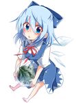  absurdres barefoot blouse blue_dress blue_eyes blue_hair bow cirno dress dress_shirt food frozen_fruit fruit hair_between_eyes hair_bow hakobako highres ice ice_wings looking_at_viewer open_mouth puffy_short_sleeves puffy_sleeves shirt short_hair short_sleeves solo touhou watermelon white_blouse wing_collar wings 