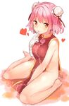  bandaged_arm bandages barefoot blush breasts bun_cover covered_nipples double_bun flower full_body hair_ornament heart ibaraki_kasen jpeg_artifacts looking_at_viewer medium_breasts naked_tabard pink_hair red_eyes rose short_hair simple_background sitting solo tabard touhou white_background yukizumi_remon 
