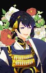  black_hair blue_eyes chikafuji flower japanese_clothes male_focus mikazuki_munechika open_mouth smile solo touken_ranbu upper_body 