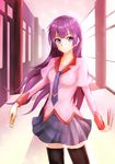  bakemonogatari blue_eyes boxcutter long_hair monogatari_(series) pei_(uenosin10) pen pencil purple_hair school_uniform senjougahara_hitagi thighhighs 