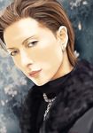  1boy 2012 blue_eyes brown_hair earrings fur_trim gackt j-rock jewelry male male_focus musician necklace realistic solo 