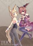  animal_ears bad_id bad_pixiv_id blonde_hair braid brown_hair bunnysuit elin_(tera) fishnet_pantyhose fishnets head_wings heterochromia marisasu_(marisa0904) multiple_girls pantyhose purple_eyes short_hair tera_online thighhighs 