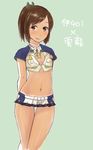  arms_behind_back brown_eyes brown_hair cleavage_cutout cosplay crop_top flat_chest i-401_(kantai_collection) kantai_collection looking_at_viewer navel ponytail sailor_collar smile solo stomach tan thigh_gap unryuu_(kantai_collection) unryuu_(kantai_collection)_(cosplay) 