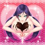  absurdres bad_id bad_pixiv_id breasts chocolate_on_breasts gigantic_breasts green_eyes heart heart-shaped_pupils highres lactation long_hair looking_at_viewer love_live! love_live!_school_idol_project mizutsuki_rei nipples purple_hair smile solo symbol-shaped_pupils tongue tongue_out toujou_nozomi twintails 