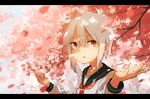  arms_up cherry_blossoms collarbone highres inami_hatoko letterboxed open_mouth original outstretched_arms red_eyes school_uniform serafuku short_hair silver_hair solo tree upper_body 