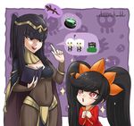  2girls :o ashley_(warioware) bangs black_hair blunt_bangs bodystocking bodysuit book breasts bridal_gauntlets cape cauldron chibi chibi_inset cleavage company_connection covered_navel crossover cslucaris dress dual_persona excited female_my_unit_(fire_emblem:_kakusei) fire_emblem fire_emblem:_kakusei lizard long_hair looking_at_another male_my_unit_(fire_emblem:_kakusei) medium_breasts multiple_girls my_unit_(fire_emblem:_kakusei) open_book open_mouth peeking_out pointing pointing_up purple_eyes red_eyes stalking talking tharja tiara trait_connection twintails warioware 
