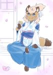  blue_eyes brown_fur clothing doughnut eating female food fur japanese_clothing kemono mammal raccoon unknown_artist 