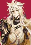  armor black_gloves fox_shadow_puppet gloves highres japanese_armor japanese_clothes kogitsunemaru long_hair looking_at_viewer male_focus momoshiki_tsubaki parted_lips partly_fingerless_gloves red_eyes shoulder_armor simple_background sode solo touken_ranbu twitter_username upper_body 