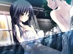  1girl black_hair blush game_cg jast kasuga_iori koku long_hair mirai_nostalgia mixed_bathing onsen purple_software towel 