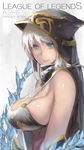  ashe_(league_of_legends) bare_shoulders blue_eyes breasts cape highres hood huge_breasts league_of_legends pandea_work solo strap_gap upper_body white_hair 