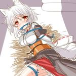  albino animal_ears bdsm blush bondage bound bow colorized covering_mouth detached_sleeves inubashiri_momiji japanese_clothes kei_kei long_sleeves looking_at_viewer lying obi on_side red_eyes sash shirt short_hair sketch skirt solo sweat tail touhou white_hair wide_sleeves wolf_ears wolf_tail 