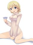  bad_id bad_pixiv_id blonde_hair blue_eyes blush bottomless breasts covering covering_crotch cup darjeeling girls_und_panzer medium_breasts naked_sweater nksk no_pants open_mouth short_hair simple_background sitting smile solo sweater teacup turtleneck white_background 