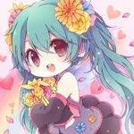  bouquet chibi detached_sleeves flower green_hair hair_flower hair_ornament hatsune_miku headphones heart heart-shaped_pupils long_hair looking_at_viewer natubudou open_mouth petals red_eyes skirt solo symbol-shaped_pupils twintails very_long_hair vocaloid 