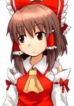  ascot bad_id bad_pixiv_id bow breasts brown_hair dai-erie detached_sleeves frown hair_bow hair_ribbon hair_tubes hakurei_reimu large_bow looking_away red_eyes ribbon ribbon-trimmed_sleeves ribbon_trim short_hair small_breasts solo touhou upper_body 