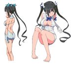  backless_outfit barefoot black_hair blue_ribbon breasts cleavage_cutout dress dungeon_ni_deai_wo_motomeru_no_wa_machigatteiru_darou_ka hestia_(danmachi) large_breasts long_hair makacoon rei_no_himo ribbon twintails white_dress 