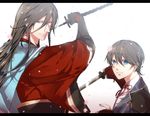  armor black_hair blue_eyes horikawa_kunihiro izumi-no-kami_kanesada japanese_armor japanese_clothes katana kote male_focus multiple_boys nanawo sword touken_ranbu weapon 