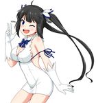  ;d bare_shoulders black_hair blue_eyes blue_ribbon breasts cleavage cowboy_shot cutefreak dungeon_ni_deai_wo_motomeru_no_wa_machigatteiru_darou_ka gloves hair_ribbon hestia_(danmachi) highres large_breasts long_hair looking_at_viewer one_eye_closed open_mouth rei_no_himo ribbon simple_background smile solo twintails v very_long_hair white_background white_gloves 