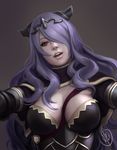  1girl breasts brown_background camilla_(fire_emblem_if) female fire_emblem fire_emblem_if hair_over_one_eye highres horns jaeon009 john_dimayuga large_breasts lips long_hair looking_at_viewer open_mouth purple_hair reaching realistic red_eyes signature smile solo strap 