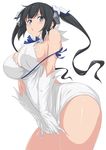  absurdres black_hair blue_eyes blue_ribbon breasts cleavage covering covering_crotch dress dress_tug dungeon_ni_deai_wo_motomeru_no_wa_machigatteiru_darou_ka hestia_(danmachi) highres large_breasts long_hair panties pout pursed_lips rei_no_himo ribbon sideboob simple_background solo thighs twintails ulrich_(tagaragakuin) underwear white_background white_panties 