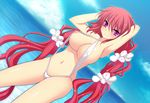 1girl beach breasts erect_nipples futsuno_fantasy game_cg ichiyou_moka long_hair nipple_slip pink_eyes red_hair swimsuit 