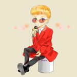  1boy bigbang blonde_hair boots earrings g-dragon jacket jewelry k-pop male male_focus microphone red_jacket sitting solo 