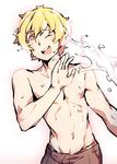  blonde_hair free! gebyy-terar hazuki_nagisa male_focus one_eye_closed shirtless smile solo splashing toned toned_male wet yellow_eyes 