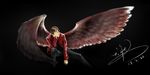  1boy highres jacket k-pop male male_focus max_changmin realistic red_jacket sitting solo tohoshinki wings 