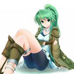  bad_id bad_pixiv_id breast_hold breasts collar duel_monster earrings gloves green_eyes green_hair hairband jacket jewelry juunisan_(nsitnmsng2bn) long_hair looking_at_viewer medium_breasts ponytail shorts simple_background sitting skirt smile solo winda_priestess_of_gusto yuu-gi-ou 