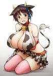  animal_ears animal_print bell bell_collar belt_collar black_hair blush breast_hold breasts brown_eyes cleavage collar covered_nipples cow_bell cow_ears cow_girl cow_horns cow_print cow_tail elbow_gloves frilled_skirt frills gloves headset horns huge_breasts idolmaster idolmaster_cinderella_girls microskirt midriff oikawa_shizuku pas_(paxiti) pink_gloves pink_legwear print_skirt red_collar short_hair sitting skirt solo tail tail_raised thighhighs yokozuwari 