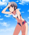  bare_shoulders bikini_bottom black_eyes black_hair blush flat_chest idolmaster idolmaster_cinderella_girls midriff navel otokura_yuuki short_hair smile solo sports_bikini sweat tokita_arumi 