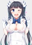  arm_ribbon bare_shoulders black_hair blue_eyes blue_ribbon bow breasts cleavage cleavage_cutout covered_navel double_v dress dungeon_ni_deai_wo_motomeru_no_wa_machigatteiru_darou_ka gloves hair_ornament hair_ribbon hands_up heart hestia_(danmachi) kotohane large_breasts long_hair one_eye_closed open_mouth rei_no_himo ribbon short_dress simple_background sleeveless sleeveless_dress smile solo twintails v white_dress white_gloves 
