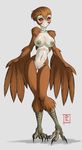  1girl blue_eyes blunt-katana breasts brown_hair capcom dark_nipples dragon's_dogma feathered_wings feathers full_body furry harpy highres large_breasts monster_girl nipples no_nose nude original pussy red_sclera short_hair simple_background smile solo talons thigh_gap wings 