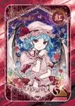  bat_wings blue_background blue_hair border character_name flower hat highres hoshino_chika light_smile looking_at_viewer mob_cap puffy_short_sleeves puffy_sleeves red_eyes red_flower red_rose remilia_scarlet rose short_hair short_sleeves solo touhou wings wrist_cuffs 