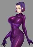  bodysuit breasts dc_comics grey_background highres large_breasts looking_at_viewer purple_bodysuit purple_eyes purple_hair raven_(dc) short_hair simple_background skin_tight solo teen_titans wide_hips zxc 